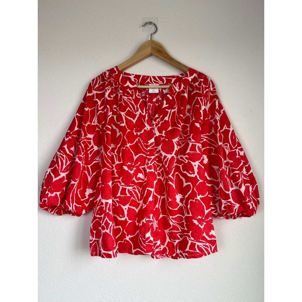 Sonoma XL Floral Cottagecore Peasant Top Red White Puff Sleeve Cotton Modal Boho